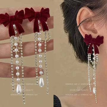 DAIIIBABYYY  -  Wine Red Flocking Bow-knot Rhinestone Pearl Tassel Drop Earrings for Women Korean Fashion Winter New Year Party Earring Jewelry